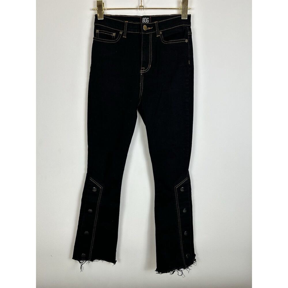 BDG High Waist Flare Stretch Ankle Button Size 24 Goth Emo Black Raw Hem